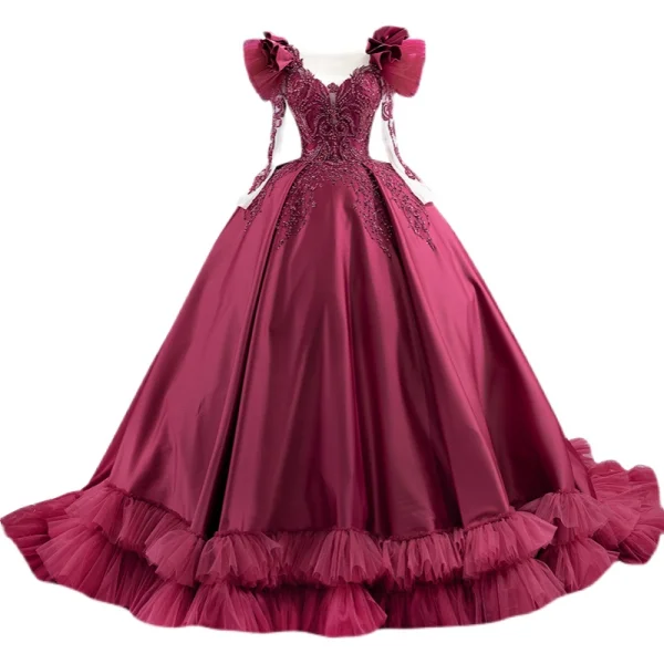 Luxus / Herrlich Burgunderrot Satin Tanzen Ballkleider 2021 Ballkleid Durchsichtige Rundhalsausschnitt Lange Ärmel Handgefertigt Perlenstickerei Pailletten Sweep / Pinsel Zug Rüschen Festliche Kleider