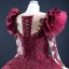 Luxus / Herrlich Burgunderrot Satin Tanzen Ballkleider 2021 Ballkleid Durchsichtige Rundhalsausschnitt Lange Ärmel Handgefertigt Perlenstickerei Pailletten Sweep / Pinsel Zug Rüschen Festliche Kleider