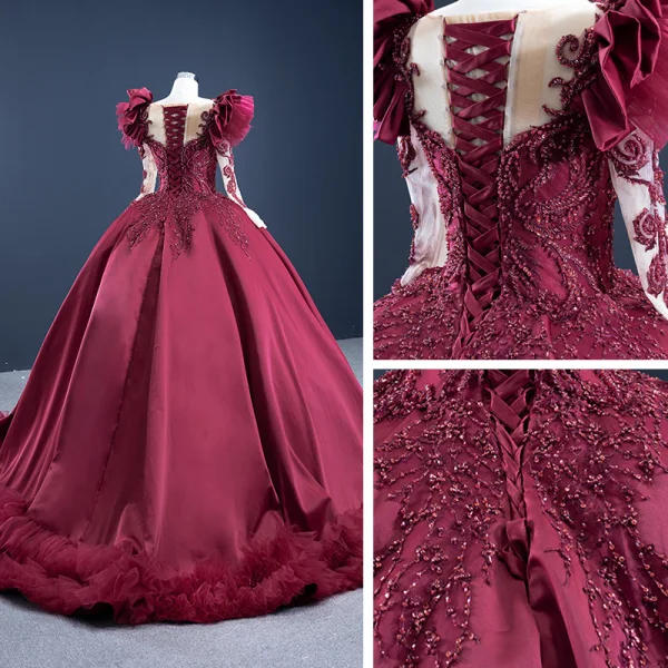 Luxus / Herrlich Burgunderrot Satin Tanzen Ballkleider 2021 Ballkleid Durchsichtige Rundhalsausschnitt Lange Ärmel Handgefertigt Perlenstickerei Pailletten Sweep / Pinsel Zug Rüschen Festliche Kleider