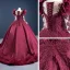 Luxus / Herrlich Burgunderrot Satin Tanzen Ballkleider 2021 Ballkleid Durchsichtige Rundhalsausschnitt Lange Ärmel Handgefertigt Perlenstickerei Pailletten Sweep / Pinsel Zug Rüschen Festliche Kleider