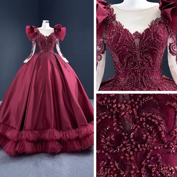 Luxus / Herrlich Burgunderrot Satin Tanzen Ballkleider 2021 Ballkleid Durchsichtige Rundhalsausschnitt Lange Ärmel Handgefertigt Perlenstickerei Pailletten Sweep / Pinsel Zug Rüschen Festliche Kleider