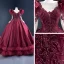 Luxus / Herrlich Burgunderrot Satin Tanzen Ballkleider 2021 Ballkleid Durchsichtige Rundhalsausschnitt Lange Ärmel Handgefertigt Perlenstickerei Pailletten Sweep / Pinsel Zug Rüschen Festliche Kleider