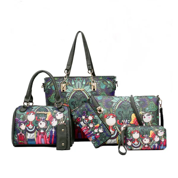 6-piece Multi-Colors Fancy Shoulder Bags Handbag Messenger Bag Wallet Purse Key Case 2021 Cartoon Printing PU Women's Bags