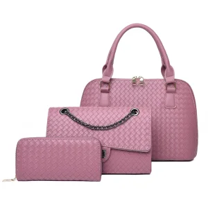 3 Piece Candy Pink Check Handbag Messenger Bag Wallet 2021 Pu Casual Women S Bags