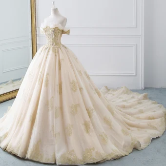 Luxury Gorgeous Champagne Gold Wedding Dresses 2019 Ball Gown Off The Shoulder Short Sleeve Backless Glitter Tulle Beading Cathedral Train Ruffle