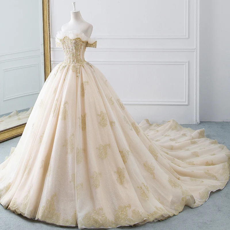 Luxury Gorgeous Champagne Gold Wedding Dresses 2019 Ball Gown Off The  Shoulder Short Sleeve Backless Glitter Tulle Beading Cathedral Train Ruffle