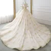 Luxury / Gorgeous Champagne Gold Wedding Dresses 2019 Ball Gown Off-The-Shoulder Short Sleeve Backless Glitter Tulle Beading Cathedral Train Ruffle