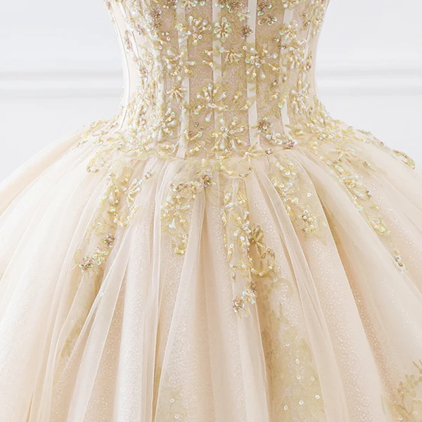 Luxury / Gorgeous Champagne Gold Wedding Dresses 2019 Ball Gown Off-The-Shoulder Short Sleeve Backless Glitter Tulle Beading Cathedral Train Ruffle