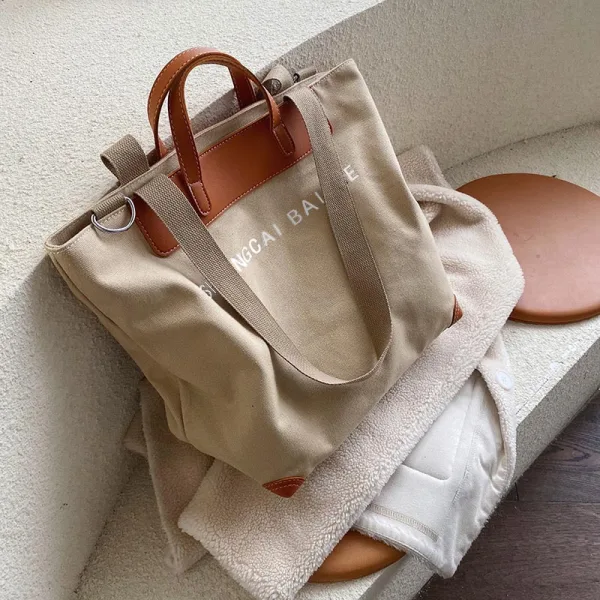 Modest / Simple Khaki Square Tote Bag Shopping Bag Shoulder Bags 2021 Canvas Casual Women's Bags