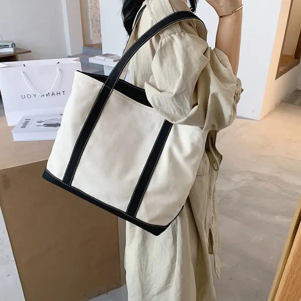 Modest / Simple Black White Square Tote Bag Shopping Bag Shoulder Bags 2021 Canvas Casual Women's Bags