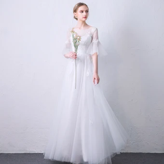 Élégant Blanche Transparentes Robe De Soirée 2019 Princesse Encolure Dégagée Manches De Cloche Appliques En Dentelle Longue Volants Dos Nu Robe De Ceremonie
