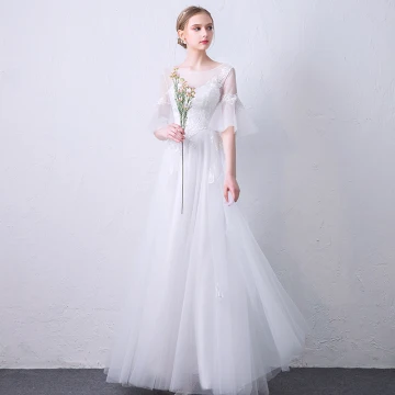 Elegant White See Through Evening Dresses 2019 A Line Princess Scoop Neck Bell Sleeves Appliques Lace Floor Length Long Ruffle Backless Formal Dresses