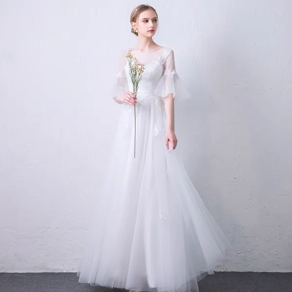 Elegant White See-through Evening Dresses 2019 A-Line / Princess Scoop ...