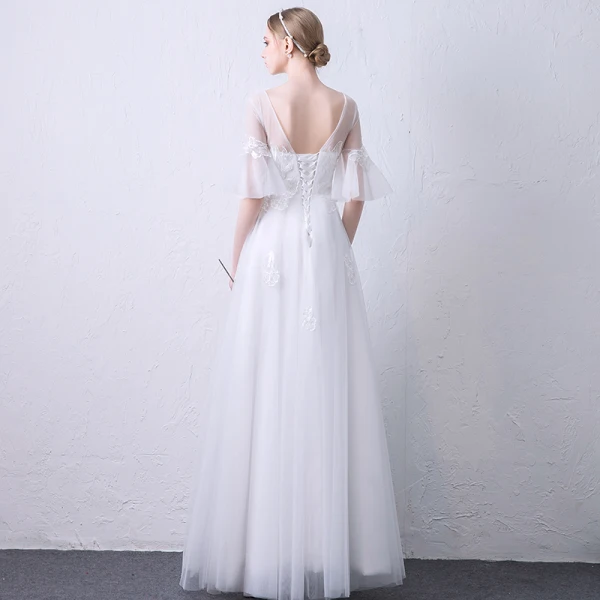 Élégant Blanche Transparentes Robe De Soirée 2019 Princesse Encolure Dégagée Manches de cloche Appliques En Dentelle Longue Volants Dos Nu Robe De Ceremonie