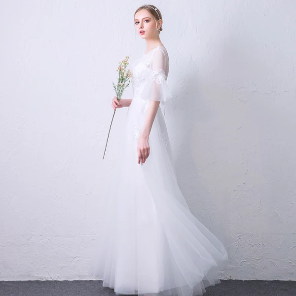 Élégant Blanche Transparentes Robe De Soirée 2019 Princesse Encolure Dégagée Manches de cloche Appliques En Dentelle Longue Volants Dos Nu Robe De Ceremonie