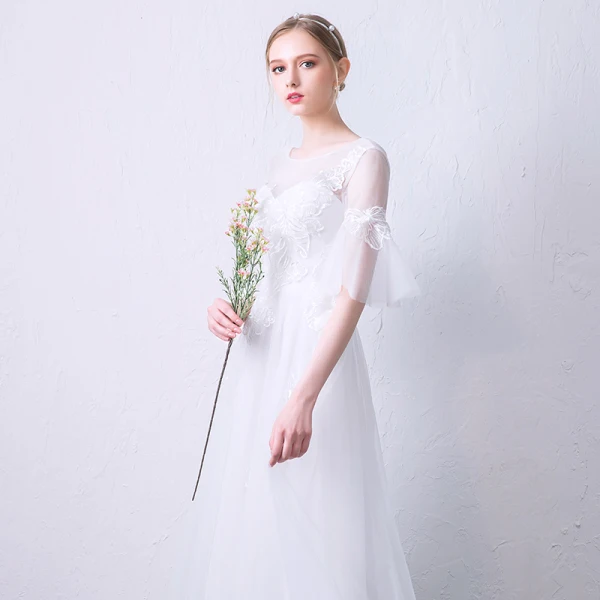 Élégant Blanche Transparentes Robe De Soirée 2019 Princesse Encolure Dégagée Manches de cloche Appliques En Dentelle Longue Volants Dos Nu Robe De Ceremonie