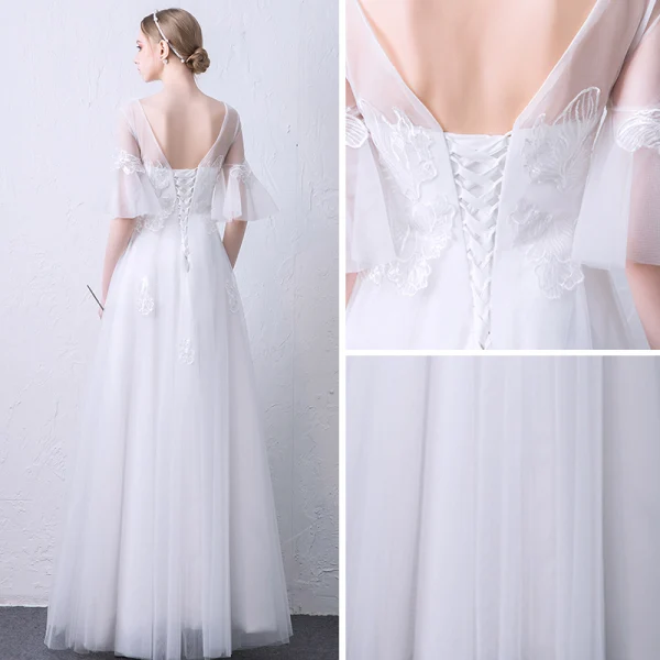 Élégant Blanche Transparentes Robe De Soirée 2019 Princesse Encolure Dégagée Manches de cloche Appliques En Dentelle Longue Volants Dos Nu Robe De Ceremonie