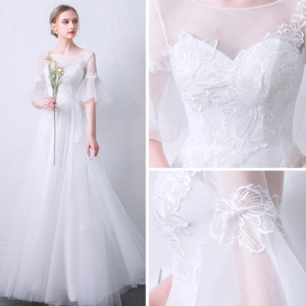 Élégant Blanche Transparentes Robe De Soirée 2019 Princesse Encolure Dégagée Manches de cloche Appliques En Dentelle Longue Volants Dos Nu Robe De Ceremonie