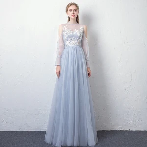 Moderne Mode Bleu Ciel Transparentes Robe De Soirée 2019 Princesse Col Haut Gonflée Manches Longues Appliques En Dentelle Ceinture Longue Volants Dos Nu Robe De Ceremonie
