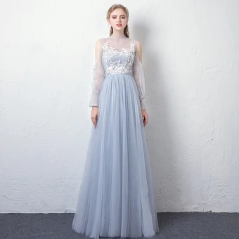 Moderne Mode Bleu Ciel Transparentes Robe De Soirée 2019 Princesse Col Haut Gonflée Manches Longues Appliques En Dentelle Ceinture Longue Volants Dos Nu Robe De Ceremonie
