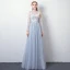 Modern / Fashion Sky Blue See-through Evening Dresses  2019 A-Line / Princess High Neck Puffy Long Sleeve Appliques Lace Sash Floor-Length / Long Ruffle Backless Formal Dresses