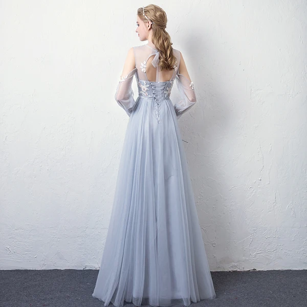 Modern / Fashion Sky Blue See-through Evening Dresses 2019 A-Line / Princess High Neck Puffy Long Sleeve Appliques Lace Sash Floor-Length / Long Ruffle Backless Formal Dresses