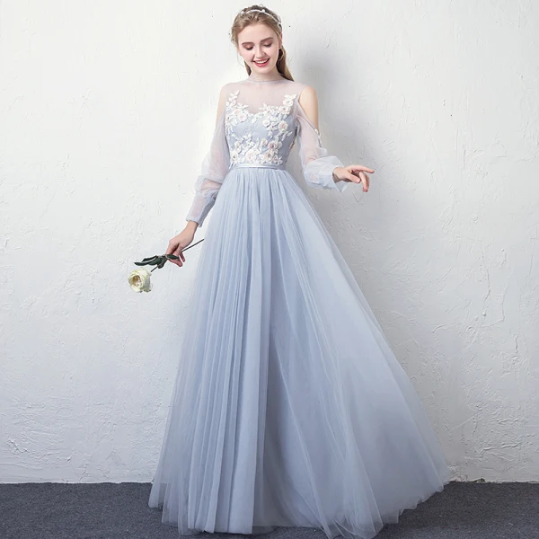 Modern / Fashion Sky Blue See-through Evening Dresses 2019 A-Line / Princess High Neck Puffy Long Sleeve Appliques Lace Sash Floor-Length / Long Ruffle Backless Formal Dresses