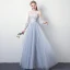 Modern / Fashion Sky Blue See-through Evening Dresses  2019 A-Line / Princess High Neck Puffy Long Sleeve Appliques Lace Sash Floor-Length / Long Ruffle Backless Formal Dresses