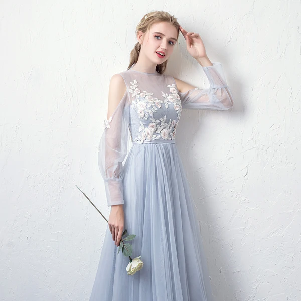 Modern / Fashion Sky Blue See-through Evening Dresses 2019 A-Line / Princess High Neck Puffy Long Sleeve Appliques Lace Sash Floor-Length / Long Ruffle Backless Formal Dresses