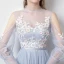 Modern / Fashion Sky Blue See-through Evening Dresses  2019 A-Line / Princess High Neck Puffy Long Sleeve Appliques Lace Sash Floor-Length / Long Ruffle Backless Formal Dresses