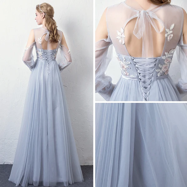 Modern / Fashion Sky Blue See-through Evening Dresses 2019 A-Line / Princess High Neck Puffy Long Sleeve Appliques Lace Sash Floor-Length / Long Ruffle Backless Formal Dresses