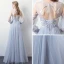 Modern / Fashion Sky Blue See-through Evening Dresses  2019 A-Line / Princess High Neck Puffy Long Sleeve Appliques Lace Sash Floor-Length / Long Ruffle Backless Formal Dresses