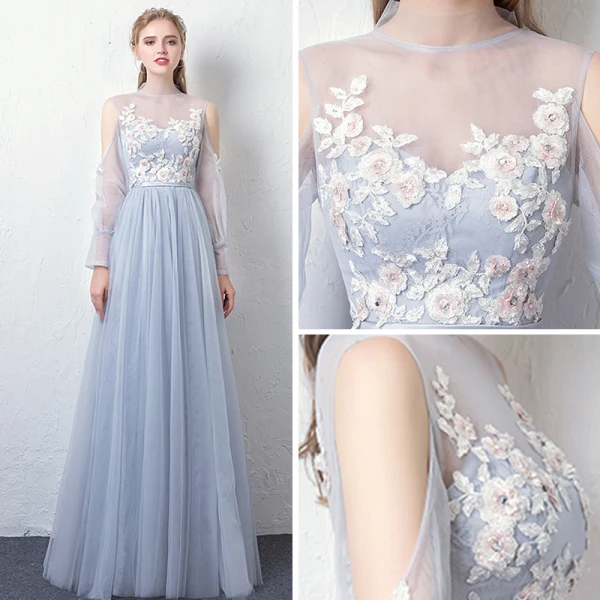 Modern / Fashion Sky Blue See-through Evening Dresses 2019 A-Line / Princess High Neck Puffy Long Sleeve Appliques Lace Sash Floor-Length / Long Ruffle Backless Formal Dresses