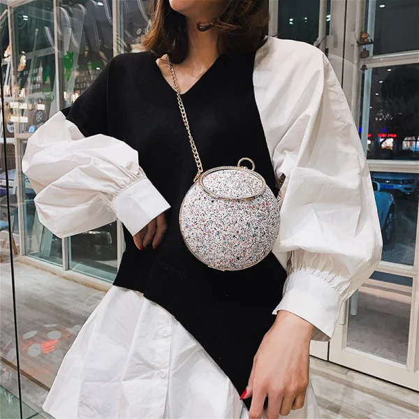 Sparkly Black Sequins Round Clutch Bags Shoulder Bags 2021 Metal PU Women's Bags