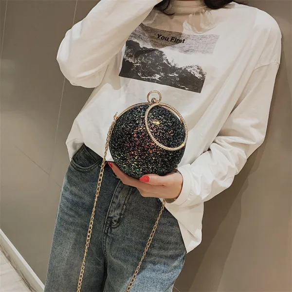 Sparkly Black Sequins Round Clutch Bags Shoulder Bags 2021 Metal PU Women's Bags