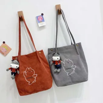 Lovely Canvas Tote Bag Shopping Bag Shoulder Bags 2021 Cartoon Embroidered Casual Women S Bags