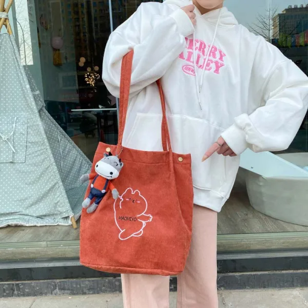 Lovely Canvas Tote Bag Shopping Bag Shoulder Bags 2021 Cartoon Embroidered Casual Women's Bags