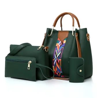 4 Piece Dark Green Shoulder Bags Handbag Wallet Key Case 2021 Pu Women S Bags