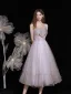 Illusion Lavendel Durchsichtige Heimkehr Abiballkleider 2021 A Linie Bandeau Ärmellos Geflecktes Tülle Wadenlang Rüschen Rückenfreies Festliche Kleider