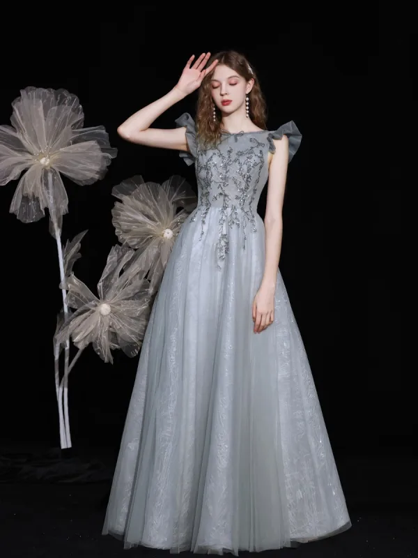 Chic / Belle Argenté Dansant Robe De Bal 2021 Princesse Encolure Dégagée Sans Manches Perlage Paillettes Longue Volants Dos Nu Robe De Ceremonie