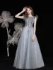 Chic / Beautiful Silver Dancing Prom Dresses 2021 A-Line / Princess Scoop Neck Sleeveless Beading Sequins Floor-Length / Long Ruffle Backless Formal Dresses