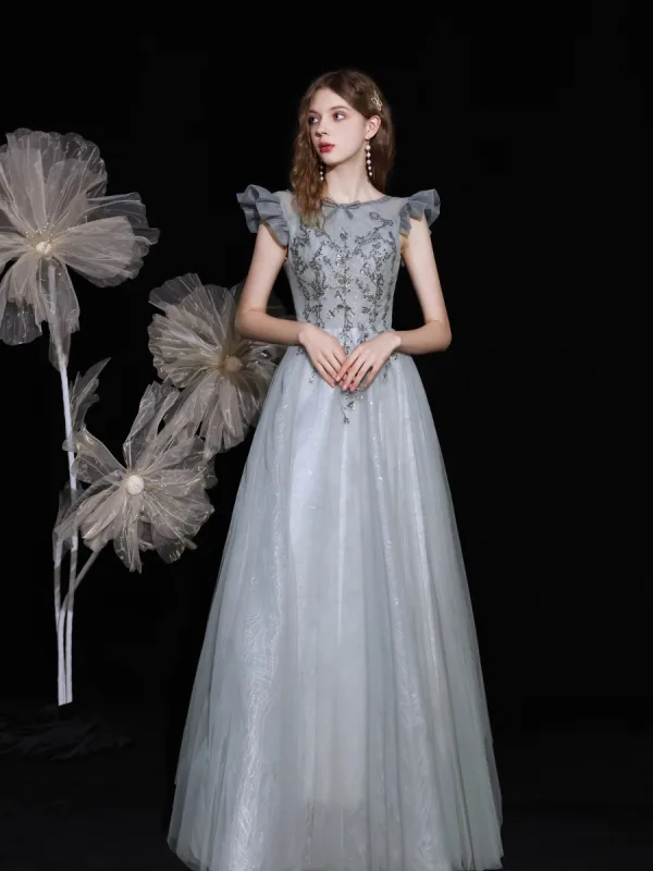 Chic / Belle Argenté Dansant Robe De Bal 2021 Princesse Encolure Dégagée Sans Manches Perlage Paillettes Longue Volants Dos Nu Robe De Ceremonie