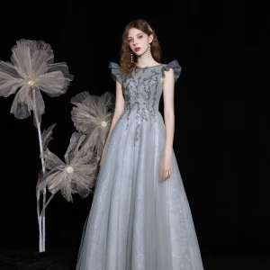Chic Beautiful Silver Dancing Prom Dresses 2021 A Line Princess Scoop Neck Sleeveless Beading Sequins Floor Length Long Ruffle Backless Formal Dresses