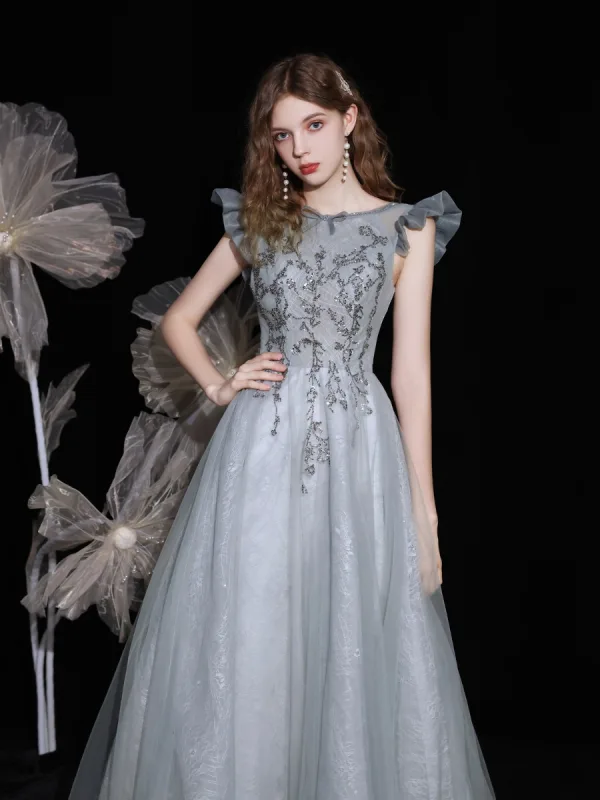 Chic / Belle Argenté Dansant Robe De Bal 2021 Princesse Encolure Dégagée Sans Manches Perlage Paillettes Longue Volants Dos Nu Robe De Ceremonie