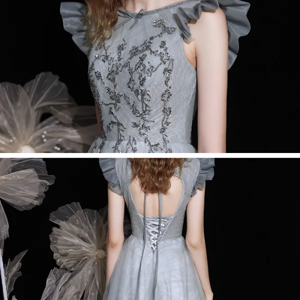Chic / Belle Argenté Dansant Robe De Bal 2021 Princesse Encolure Dégagée Sans Manches Perlage Paillettes Longue Volants Dos Nu Robe De Ceremonie