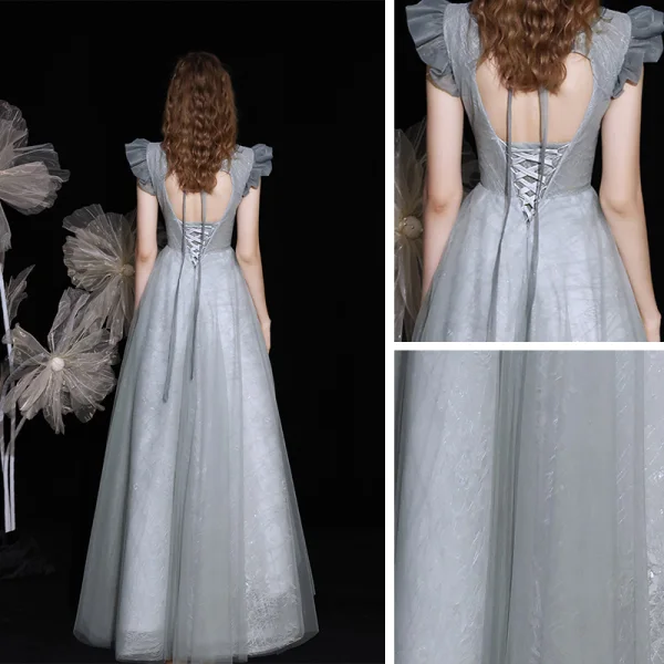 Chic / Belle Argenté Dansant Robe De Bal 2021 Princesse Encolure Dégagée Sans Manches Perlage Paillettes Longue Volants Dos Nu Robe De Ceremonie