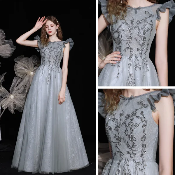 Chic / Belle Argenté Dansant Robe De Bal 2021 Princesse Encolure Dégagée Sans Manches Perlage Paillettes Longue Volants Dos Nu Robe De Ceremonie