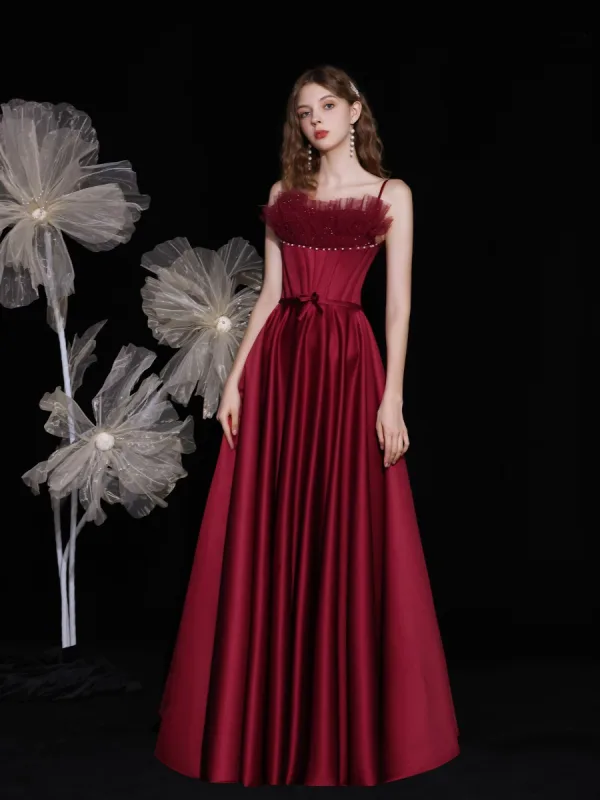 Fashion Burgundy Satin Dancing Prom Dresses 2021 A-Line / Princess Spaghetti Straps Sleeveless Beading Pearl Bow Sash Floor-Length / Long Ruffle Backless Formal Dresses