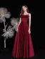 Fashion Burgundy Satin Dancing Prom Dresses 2021 A-Line / Princess Spaghetti Straps Sleeveless Beading Pearl Bow Sash Floor-Length / Long Ruffle Backless Formal Dresses