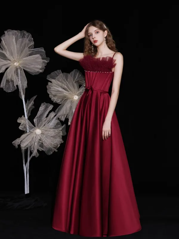Fashion Burgundy Satin Dancing Prom Dresses 2021 A-Line / Princess Spaghetti Straps Sleeveless Beading Pearl Bow Sash Floor-Length / Long Ruffle Backless Formal Dresses